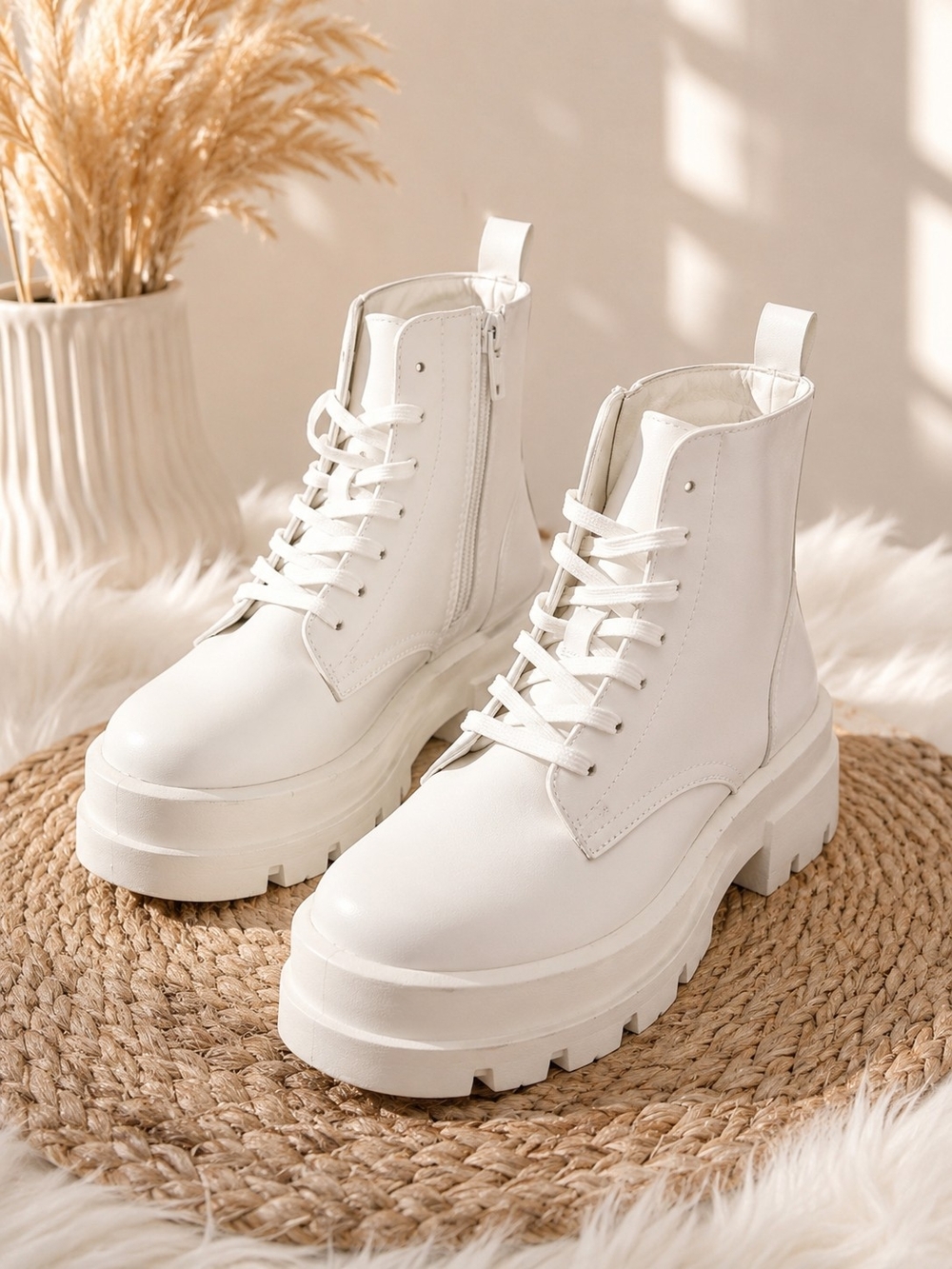 Forever 21 White Lace-Up Platform Ankle Boots